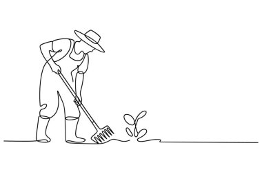 Minimalist bir çizgi, topraktan çıkan küçük yapraklı bir bitkiye bakmak için tırmık kullanan, tulum ve şapka giyen bir çiftçiyi resmediyor. Sanat eserleri, tarımsal faaliyetlerin basitliğini vurgulayan tek bir kesintisiz çizgide sunulmaktadır.. 