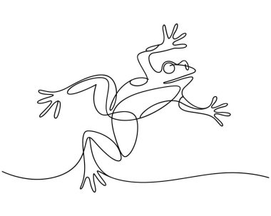 Minimalist bir tek çizgi, bir kurbağayı atlayışın ortasında yakalar. Amfibi, dinamik bir hareket hissi taşıyarak, bacakları genişletilmiş bir şekilde tasvir edilir. Tüm figür beyaz arka planda tek bir siyah çizgi çizerek grip salgını yaratıyor.