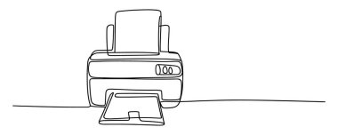 Bu resim, ön taraftan görünen bir yazıcının minimalist, tek satırlı çizimi. Devamlı çizgi sanatı aygıtın giriş tepsisini kağıt ve başka bir sayfanın olduğu çıkış yuvası ile vurgulayarak ana hatlarını belirler. Basit, temiz estetik...