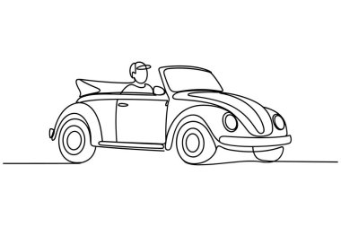 Minimalist tek çizgi, klasik üstü açık araba kullanan beysbol şapkası takan birini resmediyor. Arabanın üstü açık ve aracın profili beyaz arka planda gösteriliyor. Çizim ana hatlarını çizmek için sürekli siyah bir çizgi kullanıyor.
