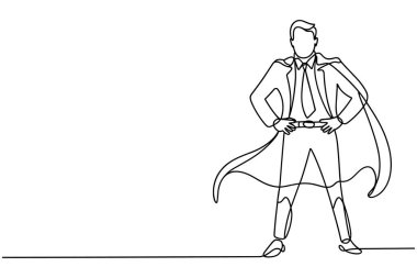 Bir minimalist çizgi çizgisi, iş elbisesi giymiş, dalgalı bir pelerin giyen, elleri kalçalarının üzerinde duran bir adamı tasvir eder. Kendine güvenen, kahramanca bir duruşta. Görüntü, güç, liderlik ve iş dünyasında başarı temalarını gösteriyor. Çekiliş.