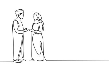 Minimalist tek bir çizgi, ayakta duran ve birbirlerine bakan Müslüman bir çifti resmediyor. Kadın tesettür ve uzun bir elbise giyerken, erkek geleneksel bir tobe ve şapka giyer. Konuşuyor gibi görünüyorlar, elleri nazikçe dokunuyor. Evet.