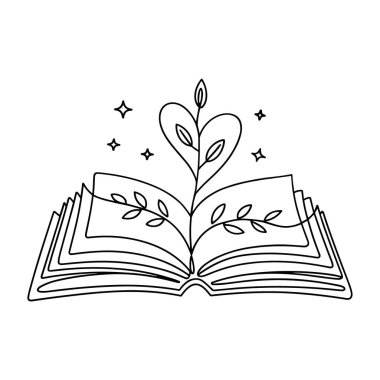 Sayfaları açılmış açık bir kitabın minimalist çizimi. Yaprakları ve dalları olan stilize bir bitki kitabın merkezinden büyüyerek, üzerinde bir kalp şekli oluşturur. Küçük yıldız benzeri şekiller kalbin etrafına saçılmıştır. Sanat eseri yırtıldı.