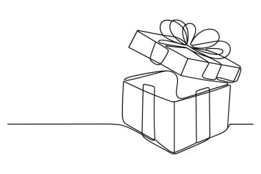 Bu resim, açık bir hediye kutusunun minimalist ve sürekli bir çizgi çizimi. Kapağı hafifçe aralık, ve bir kurdele üzerinde bir yay bağlıdır. Tüm çizim, beyaz bir arkaplan üzerinde tek ve kesintisiz bir çizgi ile oluşturulur, basit bir duyguyu iletir