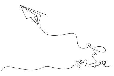 Bu sürekli çizgi yukarı doğru süzülen kağıt bir uçağı gösteriyor, kıvrımlı bir kuyruk çizgisi ve aşağıdan ona doğru uzanan iki stilize el oluşturuyor. Eserler beyaz arka planda tek bir siyah çizgi ile yaratılmış. 