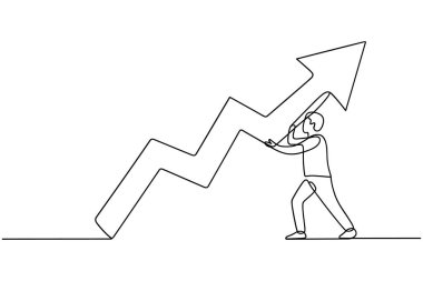 Tek bir çizim, yukarı doğru giden bir ok grafiğini iten kişiyi gösteriyor. Bu dinamik görüntü, iş büyümesi, finansal başarı ve olumlu ilerleme için gereken çaba ve motivasyonu temsil etmektedir..