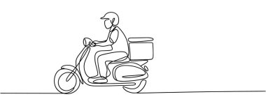 Bu resim, motosikletli bir teslimatçının tek çizgi çizimini gösteriyor. Sürücü kask takıyor ve scooter 'da önemli bir kargo kutusu var. Sanat eserleri beyaz arka planda, temiz ve sürekli bir çizgi tarzında gösterilir.