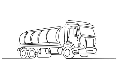 Bu görüntü, profil olarak sunulan bir tanker kamyonunun kesintisiz çizimi. Sanat eseri, taksisi, tekerlekleri ve kendine özgü silindirik tankı da dahil olmak üzere aracın ana hatlarını oluşturmak için tek ve kesintisiz bir hat kullanır. Çizginin basitliği. 