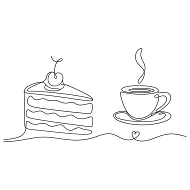 Aralıksız çizilen bir çizim, üzerinde kiraz ve bir fincan kahve bulunan bir dilim katmanlı keki resmediyor. Pasta farklı katmanlar ve üzerinde bir girdapla tasvir edilir. Kahve fincanı yükselen buhar zerrelerini gösteriyor. Küçük bir kalp şekli.