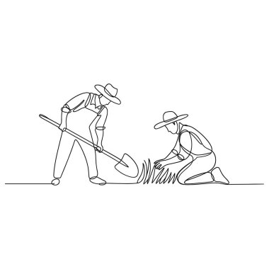 Bu, tarımla uğraşan iki çiftçiyi gösteren kesintisiz bir çizgi. Şapkalı ve tulumlu bir çiftçi ayakta duruyor ve kazmak için kürek kullanıyor. Diğer çiftçi yakınlarda diz çöküyor, çimlere ya da bitkilere bakıyor. Sahne dep