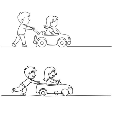 Bu görüntü, her ikisi de minimalist ve sürekli çizim tarzında iki farklı sahne sunar. Üst sahnede, bir çocuk içinde bir kız otururken oyuncak bir arabayı itiyor. En alttaki sahnede, roller biraz farklıdır.