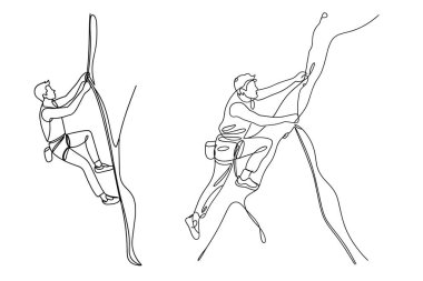 Bu resim, kaya tırmanışı yapan iki kişinin minimalist aralıksız çizgili sanat tarzında tasvir edilmesini içerir. Bir dağcı kaya yüzeyinin daha yukarısında yer alır, elleriyle yukarıya uzanır, diğeri ise biraz daha aşağıdadır, ayrıca aktif bir şekilde...