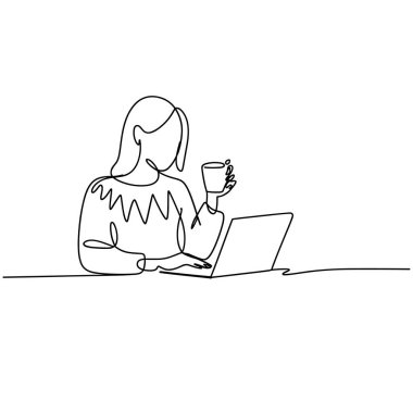 Bu dizüstü bilgisayarıyla meşgul olan bir kadının tek satırlık bir çizimi. O, dudaklarına bir kahve fincanı dayayıp bir yudum alıyor. Diğer eli dizüstü bilgisayarın üzerinde. Çizim, beyaz arka planda temiz siyah bir çizgide yapılmış. 