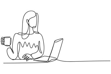 Devamlı çizimde bir kadın dizüstü bilgisayarla masada oturuyor. Sol elinde bir kahve fincanı tutuyor ve onu dizüstü bilgisayarın yanında dinlendiriyor. Sağ eli dizüstü bilgisayarın üzerinde. Resim, beyaz arkaplandaki basit bir siyah çizgi çizimi, dep
