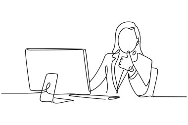 Minimalist bir çizim, bilgisayarda bir kadının baş parmak hareketi yaptığını gösteriyor. Elinde bir monitör ve klavye olan bir masada oturuyor ve sağ eli olumlu bir onayla kaldırılıyor. Çizimde tek bir siyah çizgi kullanılıyor. 