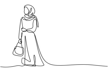 Bir minimalist çizgi sanat illüstrasyonunda tesettürlü ve uzun, dalgalı bir elbise giyen bir kadın yer alır. O ayakta duruyor ve sol elinde bir el çantası tutuyor. Çizim tek bir çizgiden oluşuyor, basit ama zarif bir kadın tasviri yaratıyor.