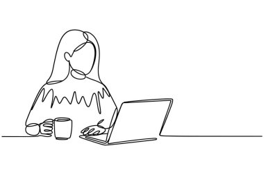 Devamlı olarak çizilen bir çizim, masada oturan ve dizüstü bilgisayara odaklanmış bir kadını resmediyor. Sağ eli dizüstü bilgisayarın klavyesinde dinlenirken, sol elinde bir kahve fincanı tutuyor. Resim, beyaz arkaplandaki basit bir siyah çizgi tarzında, conv