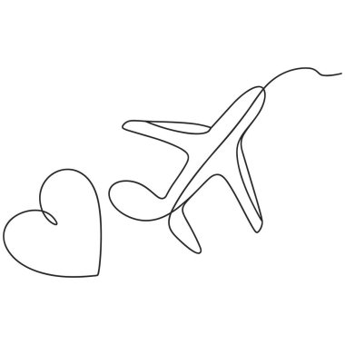 Minimalist, tek çizgili bir çizim kalp şekline bağlı bir uçak tasvir eder. Devamlı siyah çizgi hem kanatları hem de kuyruğu ve stilize edilmiş kalbiyle uçağı oluşturur. Sanat eserleri beyaz bir arkaplanda sunuluyor, bu da lo 'nun