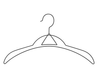 Bir elbise askısının minimalist çizimi beyaz arka planda siyah bir ana hatla sunuluyor. Askıda kıvrımlı bir omuz hattı, merkezi bir üçgen destek ve üste bir kanca var. Bu basit, temiz illüstrasyon temsil için idealdir.