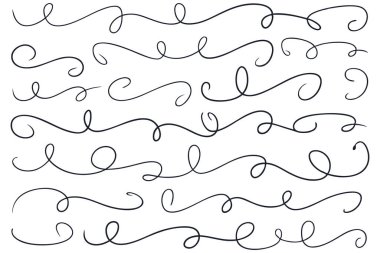 Bu resim yirmi dekoratif elementten oluşan bir set gösteriyor, her biri devamlı siyah girdap çizgisi tarafından oluşturulmuş. Çizgiler çeşitli kıvrımlar, döngüler ve gelişmeler sergiliyor, dinamik ve sanatsal bir görsel yaratıyor. Sıraya dizilmiş beyaz bir sırt sırtında