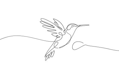 Bu görüntü, uçan bir sinekkuşunun tek bir çizgi çizimini gösteriyor. Sanat eseri kuşun şeklini tanımlamak için sivri gagası ve hassas kanatlarından kuyruk tüylerine kadar sürekli siyah bir çizgi kullanır. Tarzı minimalist ve zarif, selam.