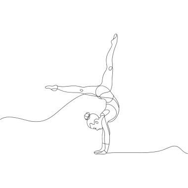Bu görüntü, amuda kalkan bir kadın jimnastikçinin minimalist, tek çizgi çizimi. Devamlı siyah çizgi, vücudunu özetliyor. Geniş bacakları ve kollarıyla dinamik duruşu yakalıyor. Eserler soyut ve akıcı, zarafeti vurguluyor. 