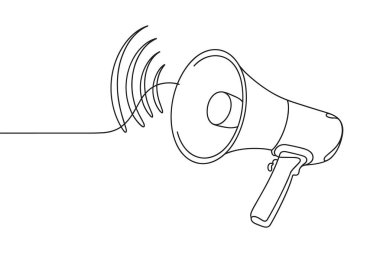 Ses dalgaları yayan bir megafonu tasvir eden sürekli siyah bir çizgi ile oluşturulmuş minimalist bir illüstrasyon. Çizim, bir megafonun simgesel şeklini gösteriyor. Alevli açılışı ve sapı ile, zilden çıkan kıvrımlı çizgiler s 'yi temsil ediyor.