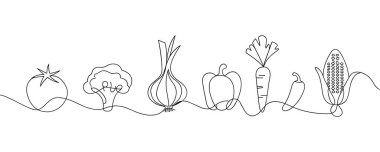 Minimalist, tek çizgili bir çizim çeşitli sebzelerin yatay düzenini tasvir eder. Soldan sağa doğru, sebzeler domates, brokoli, soğan, dolmalık biber, havuç, biber ve mısırdır. Tüm kompozisyon bir süreklilik içinde hazırlanır.