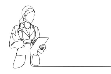 Tek bir çizim bir tıp uzmanını gösteriyor, muhtemelen bir doktor, bir belgeyi panoda duruyor ve inceliyor. Şeklin boynunda laboratuvar önlüğü ve steteskop var. Çizim sürekli siyah bir çizgide gerçekleştiriliyor.