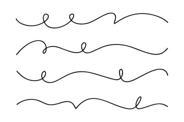 Beyaz bir arka planda, dört farklı siyah çizgi halinde tek çizgi halinde gelişir. Bu grafikler çeşitli dalgalı ve girdaplı desenler içeriyor, dekoratif çizgiler ve bölmeler oluşturuyor. Basit ama zarifler, ince görsel ilgi eklemek için uygunlar. 