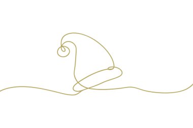 Altın kaplama bir Noel Baba şapkasının minimalist, tek çizgi çizimi. Noel Baba şapkasının simgesel şekli, kenarı ve ponponu da dahil olmak üzere, sürekli altın bir çizgiyle yaratılır. Sanat eserleri beyaz bir arkaplanda sunuluyor, temiz bir arkaplana odaklanıyor.,