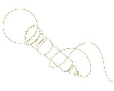 Bir mikrofonun aralıksız tek bir çizgisi beyaz arka planda altın bir ana hatla sunulur. İllüstrasyon açıkça mikrofonun küresel başını, segmentli sapını ve tabandaki konnektörü tanımlıyor. Akan bir çizgi