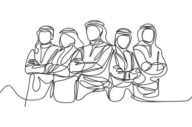 Bu resim, geleneksel Arap kıyafetleri içinde keffiyehler ve dalgalı bornozlar da bulunan muhtemelen erkek ve kadınlardan oluşan beş kişilik bir grubun sürekli çizimlerini sunuyor. Kollarını kavuşturmuş bir şekilde dururlarken tasvir ediliyorlar.