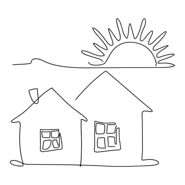 Bir minimalist, tek çizgi üzerinde yükselen ya da batan stilize bir güneş ile yan yana iki ev tasvir eder. Devamlı siyah çizgi, çatıları, pencereleri ve bacası da dahil olmak üzere evlerin ana hatlarını oluşturur.