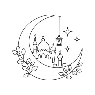 Siyah ve beyaz bir çizgi, biçimine entegre edilmiş bir İslami şehir manzaralı bir hilal ayı gösteriyor. Şehirde önemli kubbeler ve minareler yer alıyor. Ayın tepesinde bir fener sallanıyor ve etrafında çeşitli yıldız şekilleri yayılıyor. Th