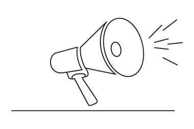 Basit bir çizgi çizimi klasik bir megafonu, sapı ve geniş bir çanı tasvir eder. Çan 'dan yayılan ses dalgaları bir duyuru ya da yayını akla getiriyor. Çizim beyaz bir arkaplanda yatay bir çizgiyle sunuluyor.