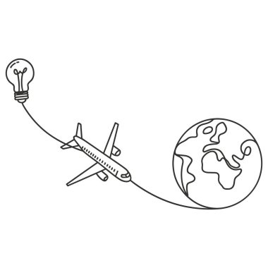 Bir minimalist çizim, bir uçağın uçuşunun ortasında bir ampulden dünyanın tasvirine doğru gittiğini gösteriyor. Ampul bir fikri ya da ilhamı sembolize eder ve uçuş yolu da onu küresel temsil ile ilişkilendirir,