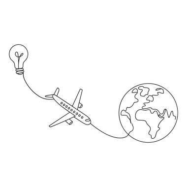 Bir minimalist çizim, bir uçağın uçuşunun ortasında bir ampulden dünyanın tasvirine doğru gittiğini gösteriyor. Ampul bir fikri ya da ilhamı sembolize eder ve uçuş yolu da onu küresel temsil ile ilişkilendirir,