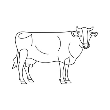Beyaz arka planda duran bir ineğin basit bir siyah beyaz çizgisi. İnek profilden tasvir ediliyor, izleyiciye bakıyor. Boynuzları, kuyruğu ve görünen memeleri var. Bu da dişi bir inek olduğunu gösteriyor. Çizim stili temiz ve ani 'yi özetliyor.