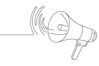 Ses dalgalı bir megafonla sürekli siyah bir çizgide oluşturulmuş minimalist bir illüstrasyon. Çizim, boynuzu ve sapı ile bir megafon şeklini sergiliyor ve yayılan kıvrımlı çizgiler ses yayılımını veya bir spikeri gösteriyor.