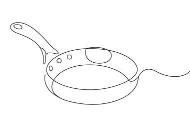 Kızartma tavasının minimalist çizgisi çizimi. Çizim, tavanın dairesel şeklini, sapını ve kenardaki küçük daireleri yakalayan tek bir sürekli çizgi ile yaratıldı. Bu basit ama tanınabilir yemek pişirme yazılımı tanıtımıdır.