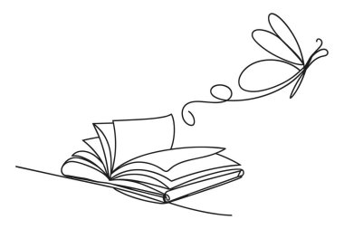Sayfaların açıldığı açık bir kitap ve uçan bir kelebek tasvir eden minimalist bir çizim. Kelebek ile kitabı birbirine bağlayan tek bir aralıksız çizgi, kelebeğin akış çizgisini takip eder. Resim bilgiyi simgeliyor.