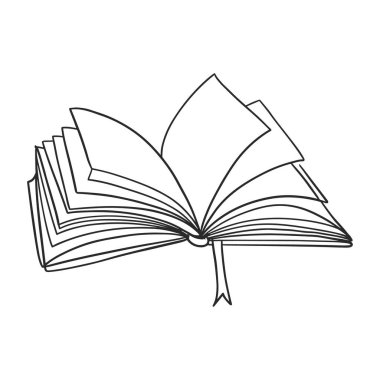Birkaç sayfası çevrilmiş açık bir kitabın satır çizimi. Basit bir kurdele yer imi görünür. Çizim, beyaz bir arkaplanda siyah bir ana hatla çizilmiş. Bu da okuma ve bilgi kavramına odaklandığını gösteriyor..