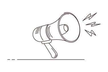 Bu resim bir megafonun çizgi sanatı illüstrasyonunu sunar. Megafonun belirgin bir sapı ve geniş, parlak bir girişi var. Açılıştan itibaren, üç keskin, zigzag çizgisi yayılır, sesi ve titreşimi sembolize eder. Çizim tek bir b ile yapılır.