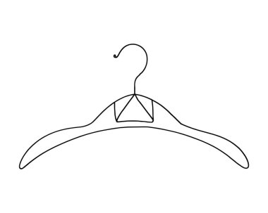 Beyaz arka planda bir tel elbise askısı taslak çizimi gösterilir. Askı, en üstteki karakteristik kancasıyla ve asılı giysiler için kavisli çubuğuyla tasvir ediliyor. Basit, temiz çizgi sanatı onu çok yönlü bir grafik unsuru haline getirir.