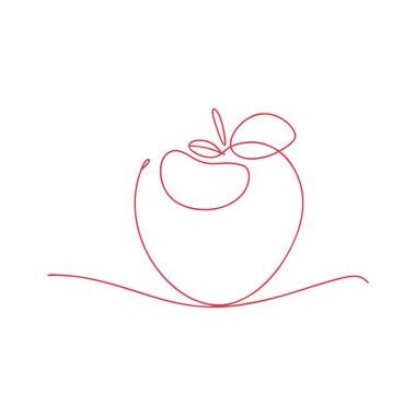 Beyaz arka planda bir elmanın minimalist kırmızı çizgisi. İllüstrasyon, bir yaprak ve yaprak da dahil olmak üzere meyvenin tanınabilir şeklini yakalayan tek bir sürekli çizgi kullanılarak oluşturulur. Basit ama etkili tasarım simgeyi vurgular