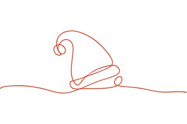 Kırmızılı bir Noel Baba şapkasının minimalist, tek çizgili çizimi. Şapka sürekli kırmızı bir çizgi ile tasvir edilir, eğri bir kenarı ve tepesinde bir ponpon ile ikonik şeklini oluşturur. Çizim, basitliği vurgulayarak, temiz beyaz bir arkaplan üzerine kurulur