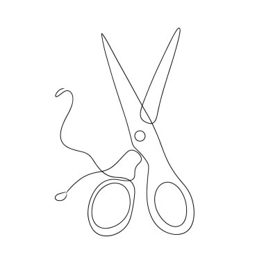 Bu resim bir parça tel kesen makasın minimalist, tek çizgi çizimi. Devamlı siyah çizgi makasın biçimini belirler, bıçaklar ve saplar dahil, ve kesilen ipin gevşek bir ipliği. Eserler çok güzel.