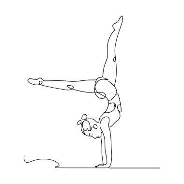 Minimalist, sürekli bir çizgi, jimnastik amuda kalkmış bir kadını gösteriyor. Siyah çizgi sanatı onun şeklini belirler, uzuvlarını ve dengeli duruşunu vurgular. Genel izlenim akışkanlık ve atletik zarafettir.