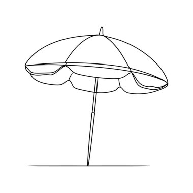 Bir minimalist tek çizgi bir plaj şemsiyesini betimliyor. Şemsiye, zemini temsil eden yatay bir çizgiye dikilmiş merkezi bir direk tarafından açılır ve desteklenir. Çizim beyaz arkaplanda sunuluyor.